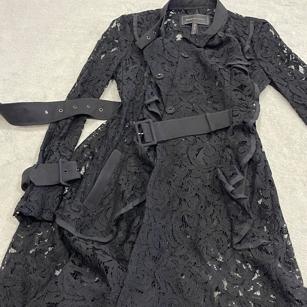 Black Lace Belted Trench Dress / Coat Size XS - Picture 10 of 14